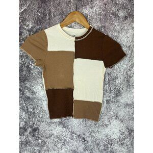 Hollister Baby Tee Brown Cream Patchwork Crop Bodycon Top Shirt Blouse Women's X
